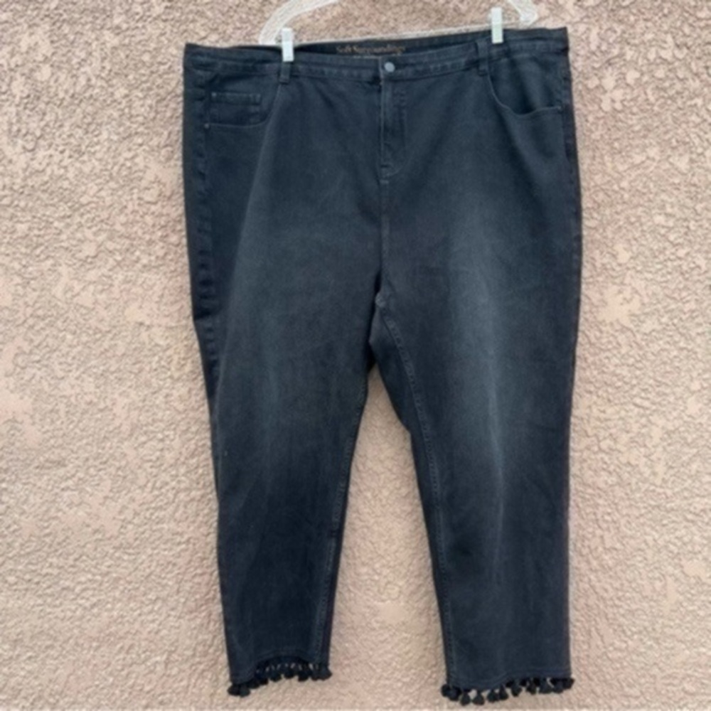 Soft‎ Surroundings Women Plus Size Jeans 24W 5-Pocket Boho Tassel Hem Black Wash